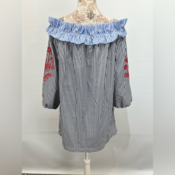 ROMEO AND JULIETTE COUTURE Navy and white stripe off shoulder mini dress size M - Picture 6 of 12